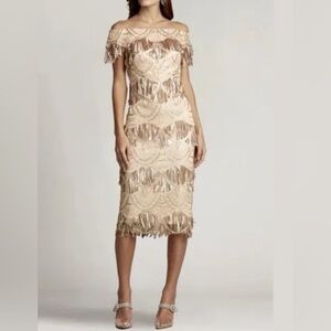Tadashi Shoji Cream and Gold Fringe Midi Dress